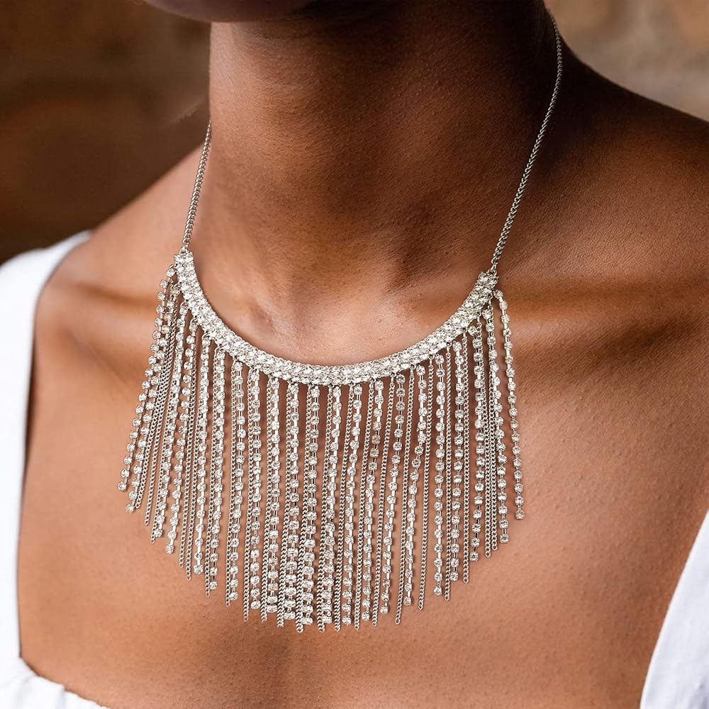 Amazon.com: Women Silver Tassel Jewelry Set: Rhinestone Crystal